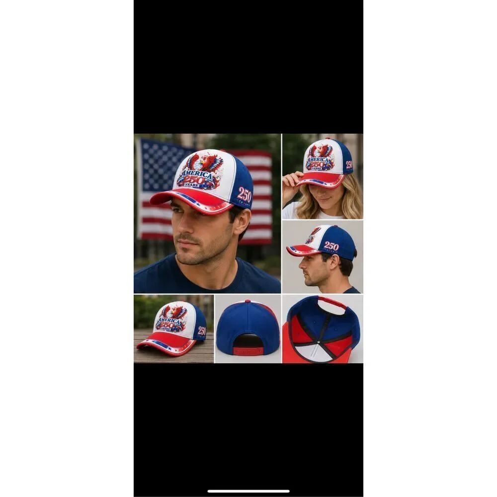 America 250 Years Patriotic Red White Blue Adjustable Baseball Cap